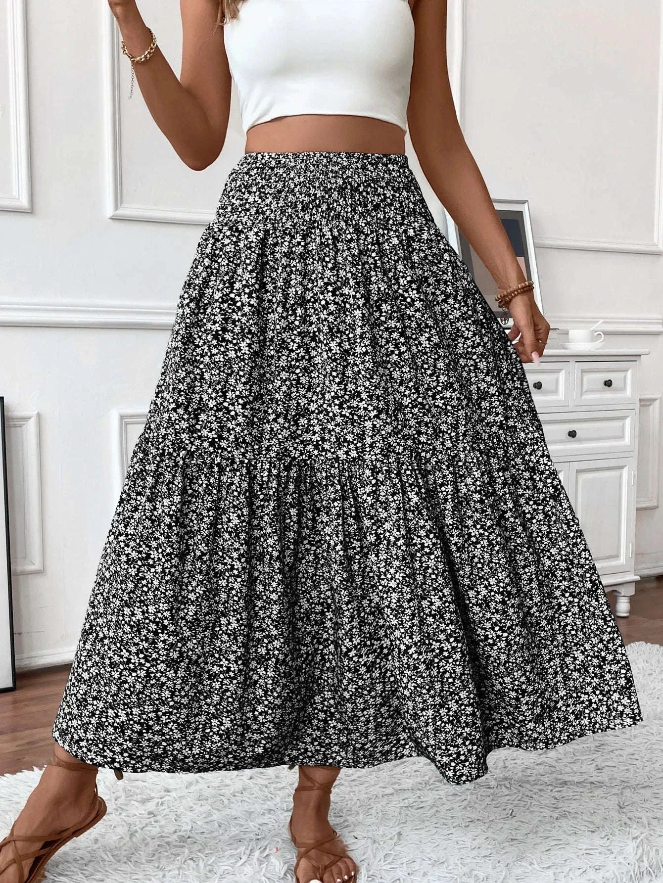 Women Floral Pleated Skirt – Retro High Waist Long Skirt for Stylish Casual Beach Wear