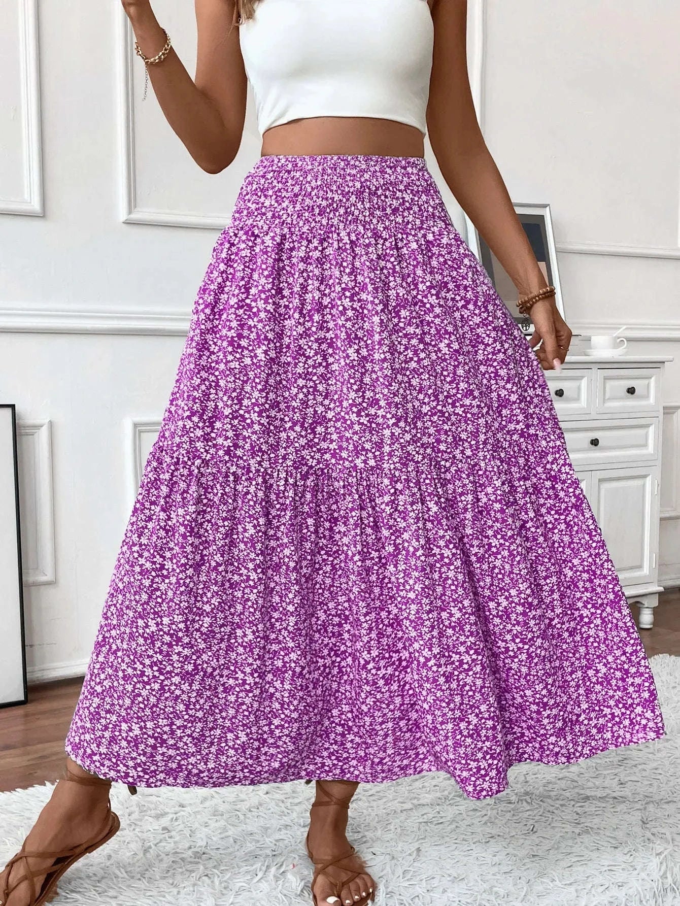 Women Floral Pleated Skirt – Retro High Waist Long Skirt for Stylish Casual Beach Wear PURPLE