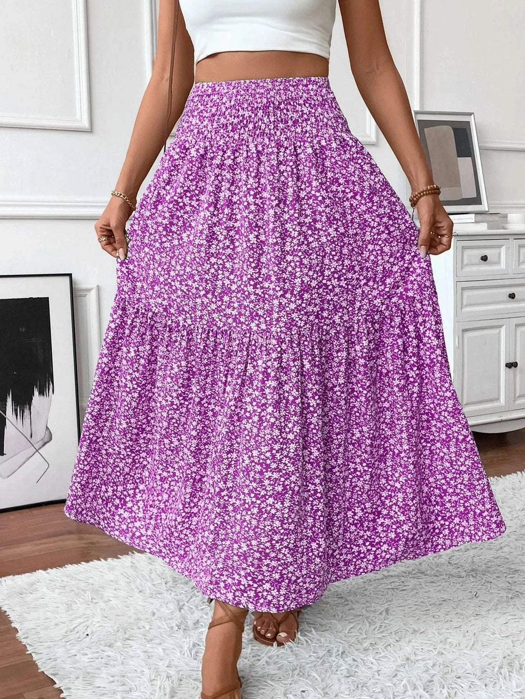 Women Floral Pleated Skirt – Retro High Waist Long Skirt for Stylish Casual Beach Wear
