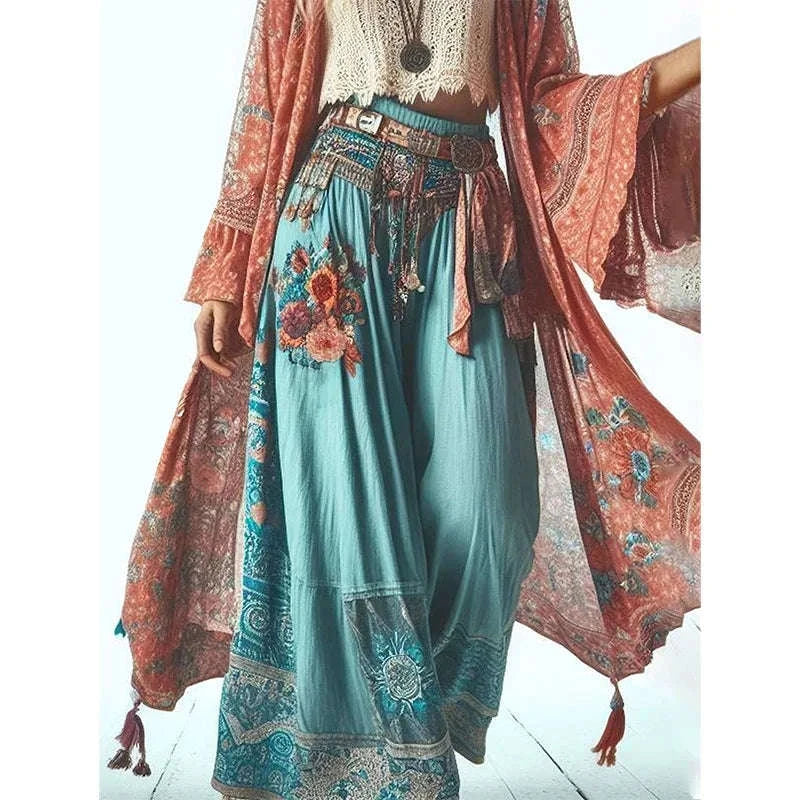 Women Harajuku Floral Print Pants - Thin Casual Wide Leg Loose Ankle Length Fashion Ethnic Style