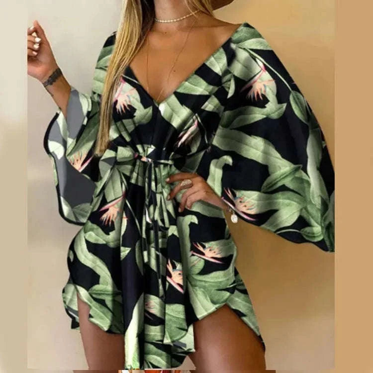 Women’s Bohemian Floral Mini Dress - Sexy V-Neck, Batwing Sleeves & Ruffle Detail green