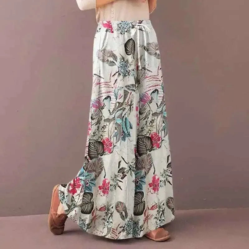 Women's Bohemian Floral Wide Leg Pants - Casual Drawstring Trousers for Spring and Autumn
