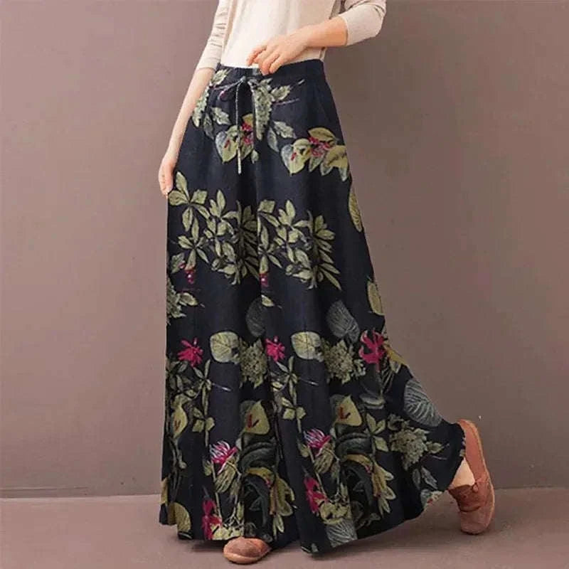 Women's Bohemian Floral Wide Leg Pants - Casual Drawstring Trousers for Spring and Autumn