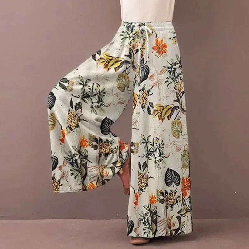 Women's Bohemian Floral Wide Leg Pants - Casual Drawstring Trousers for Spring and Autumn