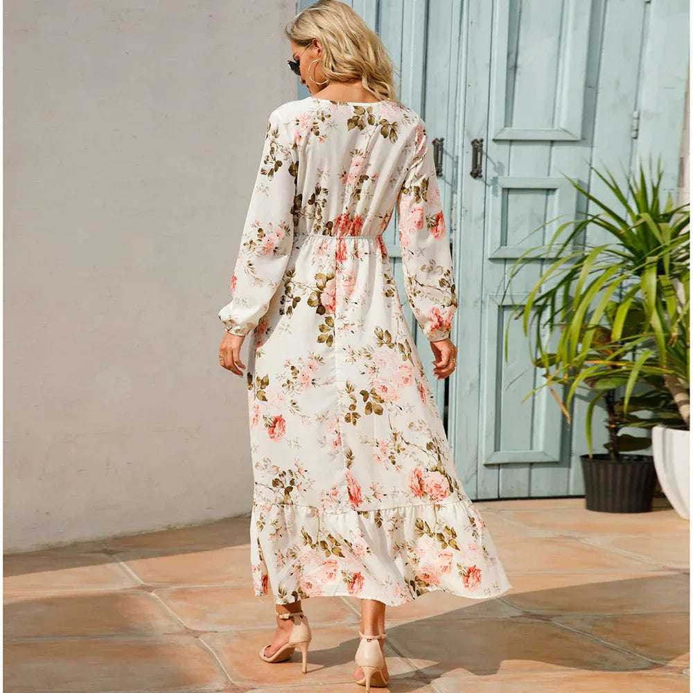 Women’s Bohemian Maxi Dress - Casual Chiffon Dress with Full Sleeves, High Waist, and Floral Print for Spring and Autumn