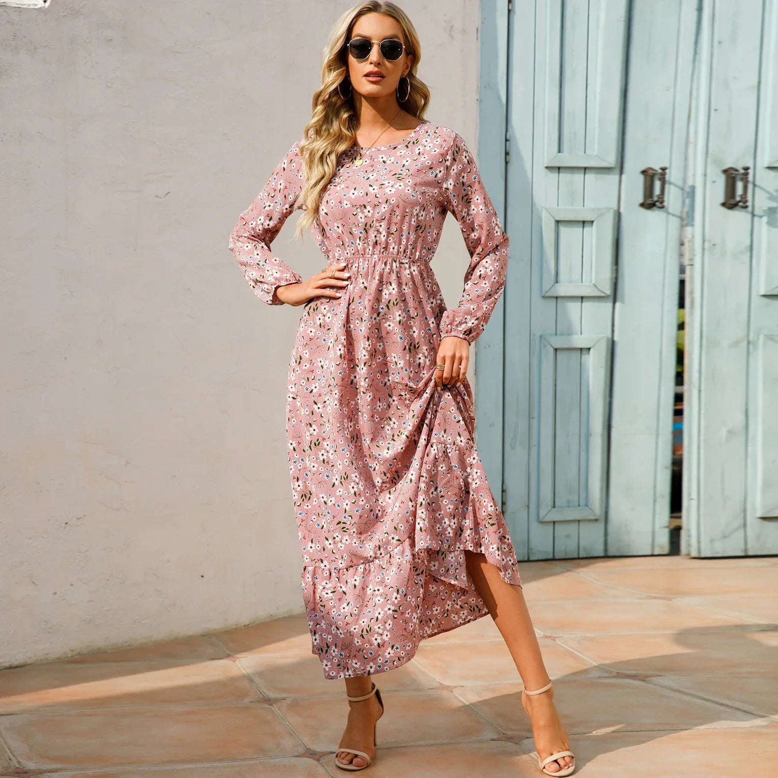 Women’s Bohemian Maxi Dress - Casual Chiffon Dress with Full Sleeves, High Waist, and Floral Print for Spring and Autumn