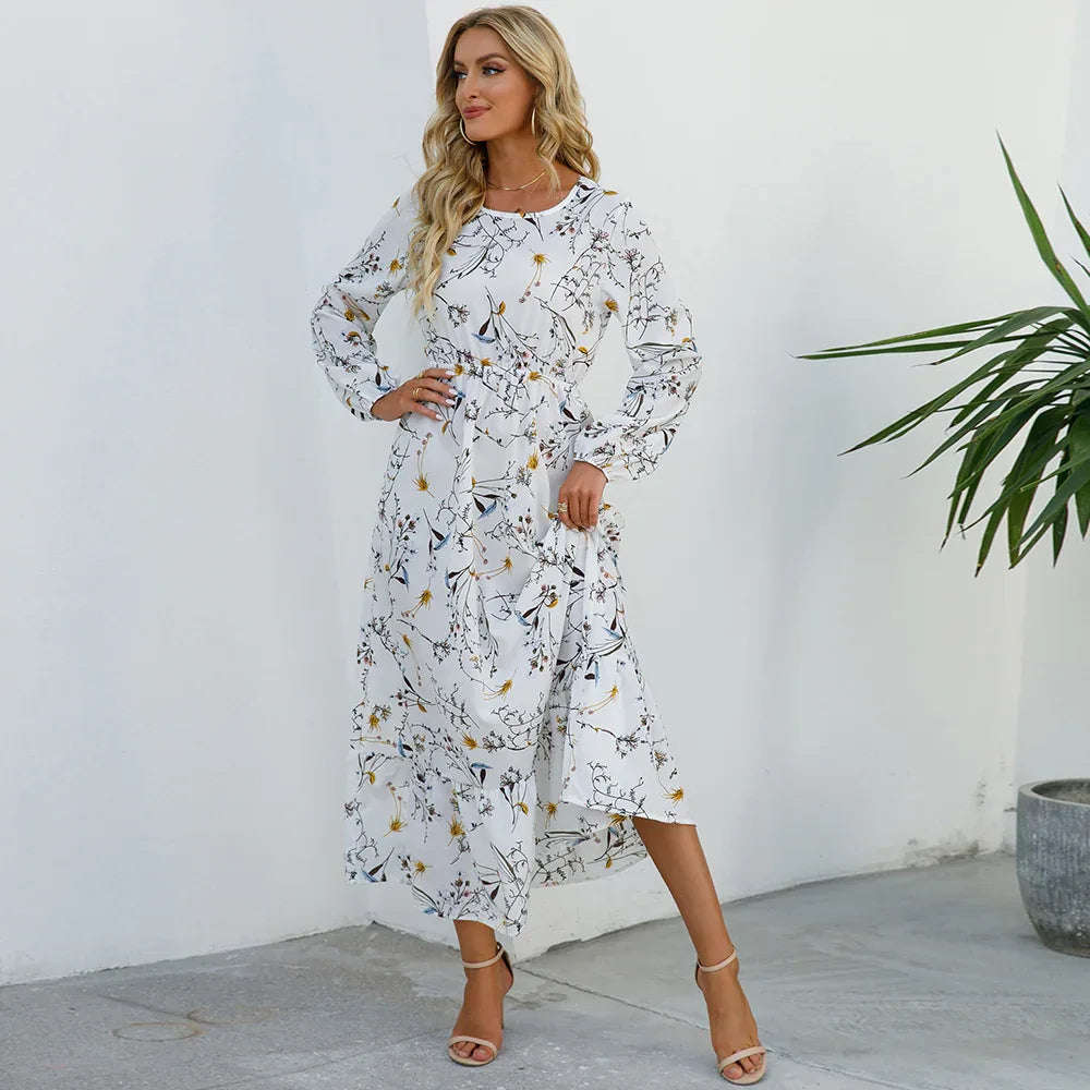 Women’s Bohemian Maxi Dress - Casual Chiffon Dress with Full Sleeves, High Waist, and Floral Print for Spring and Autumn