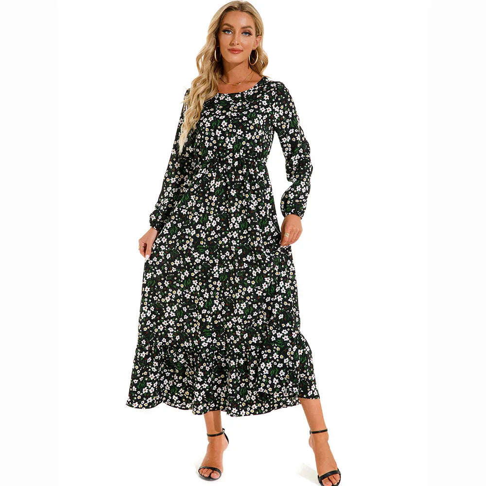 Women’s Bohemian Maxi Dress - Casual Chiffon Dress with Full Sleeves, High Waist, and Floral Print for Spring and Autumn