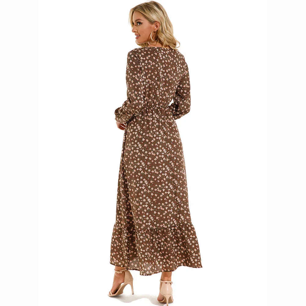 Women’s Bohemian Maxi Dress - Casual Chiffon Dress with Full Sleeves, High Waist, and Floral Print for Spring and Autumn