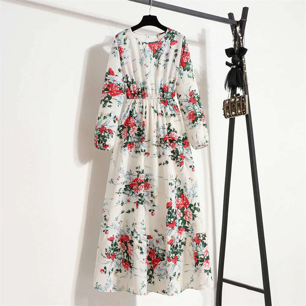 Women’s Bohemian Maxi Dress - Casual Chiffon Dress with Full Sleeves, High Waist, and Floral Print for Spring and Autumn
