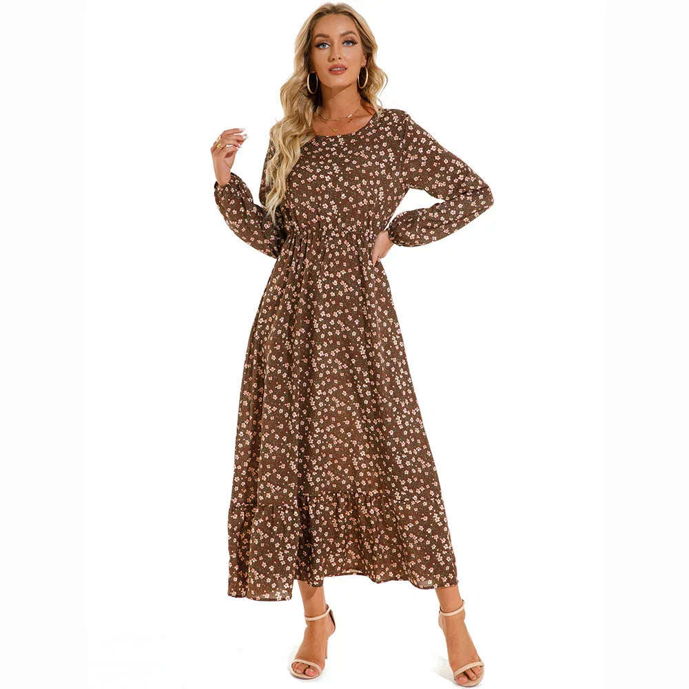 Women’s Bohemian Maxi Dress - Casual Chiffon Dress with Full Sleeves, High Waist, and Floral Print for Spring and Autumn