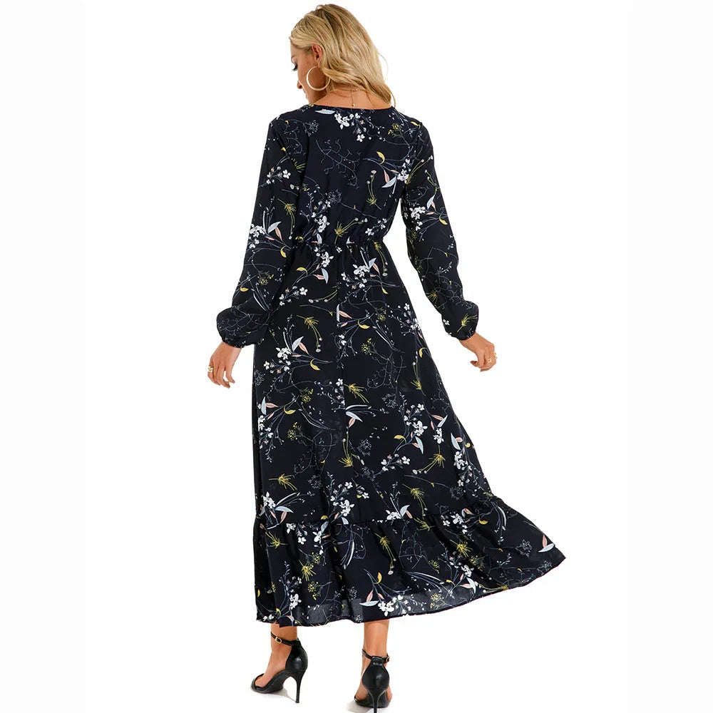Women’s Bohemian Maxi Dress - Casual Chiffon Dress with Full Sleeves, High Waist, and Floral Print for Spring and Autumn