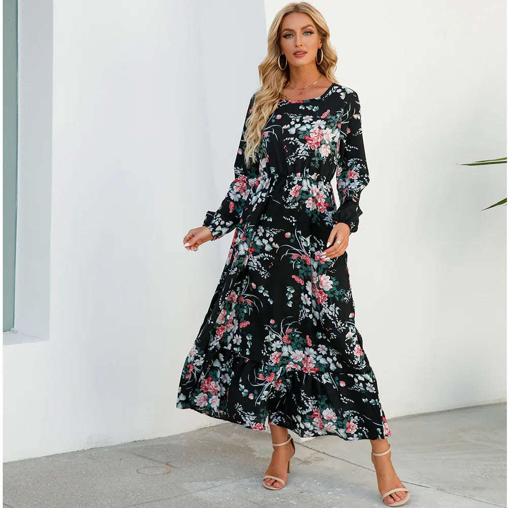 Women’s Bohemian Maxi Dress - Casual Chiffon Dress with Full Sleeves, High Waist, and Floral Print for Spring and Autumn