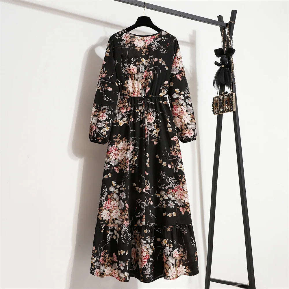 Women’s Bohemian Maxi Dress - Casual Chiffon Dress with Full Sleeves, High Waist, and Floral Print for Spring and Autumn