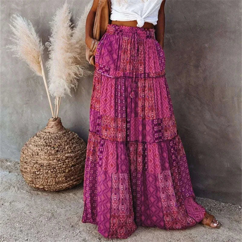 👗 Women’s Bohemian Print Long Skirts – Elastic High Waist, Loose Tiered A-line Skirt with Pockets PURPLE