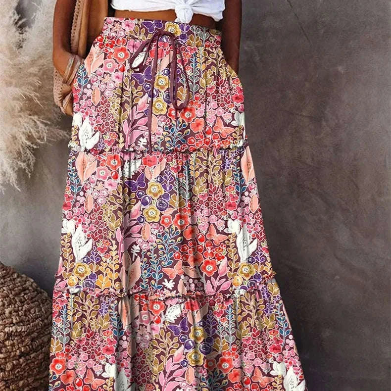 👗 Women’s Bohemian Print Long Skirts – Elastic High Waist, Loose Tiered A-line Skirt with Pockets MULTI