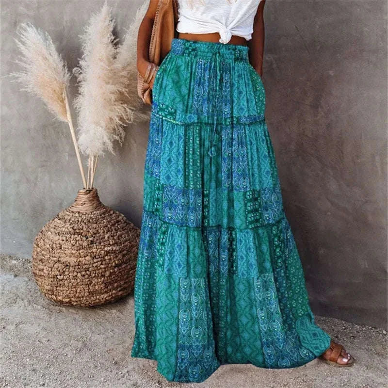 👗 Women’s Bohemian Print Long Skirts – Elastic High Waist, Loose Tiered A-line Skirt with Pockets green