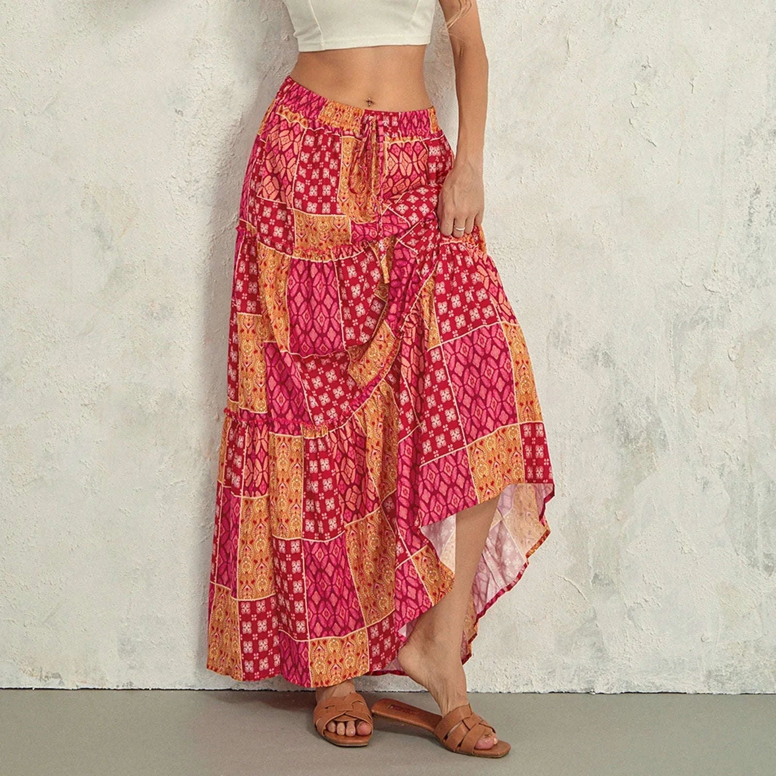 👗 Women’s Bohemian Print Long Skirts – Elastic High Waist, Loose Tiered A-line Skirt with Pockets Orange