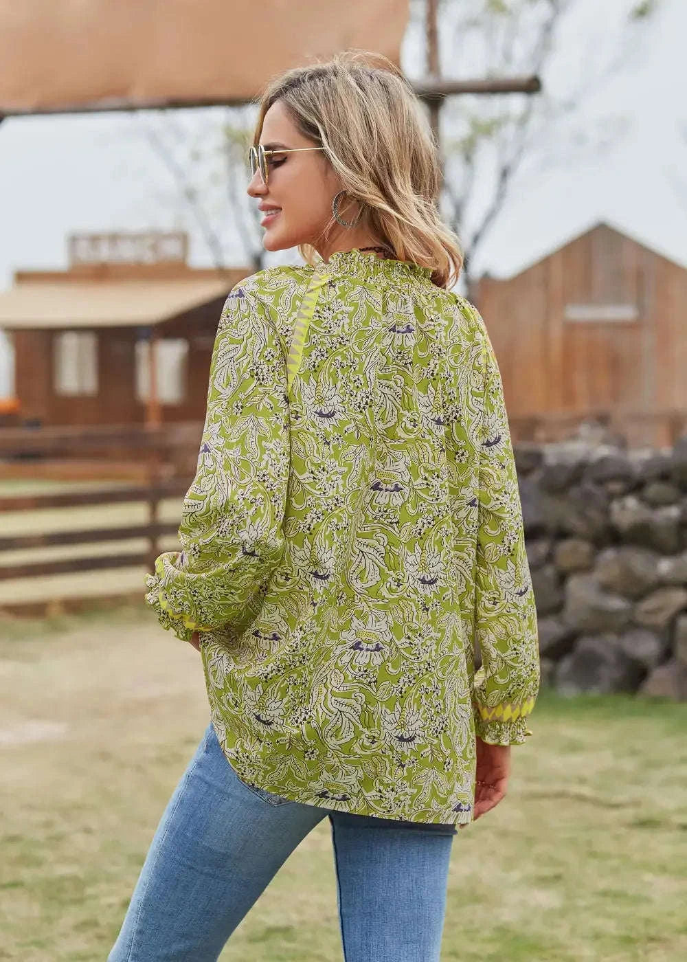 Women’s Bohemian Tunic Blouse with Long Sleeves, Tie Neck, and Flounce Sleeves in Navy Blue