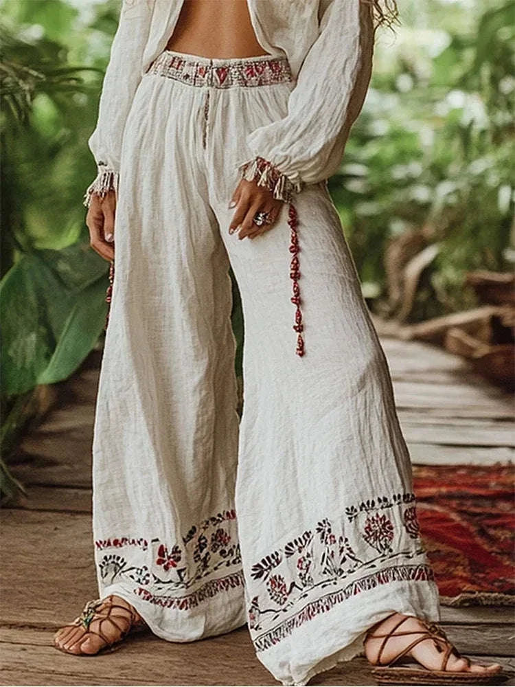 Women’s Boho Chic Wide Leg Pants - Elastic High Waist Casual Trousers for Summer Beige