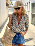 Women’s Boho Graphic Blouse - V Neck Long Sleeve Cowl Neck Casual Tunic Top green