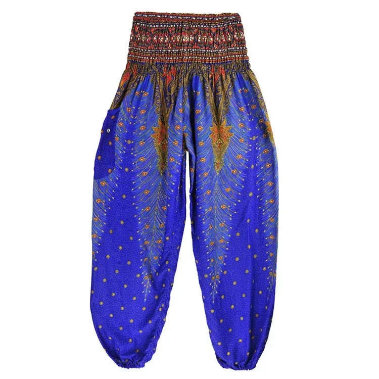 Women's Boho Yoga Pants - High Waist Floral Print Harem Leggings with Pockets for Comfort and Style