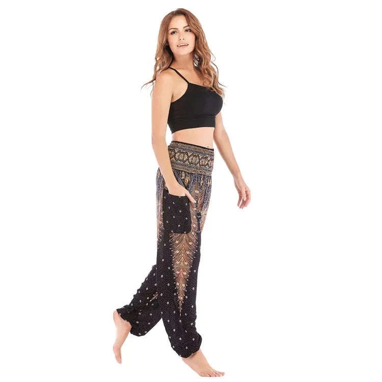 Women's Boho Yoga Pants - High Waist Floral Print Harem Leggings with Pockets for Comfort and Style