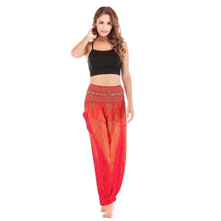 Women's Boho Yoga Pants - High Waist Floral Print Harem Leggings with Pockets for Comfort and Style