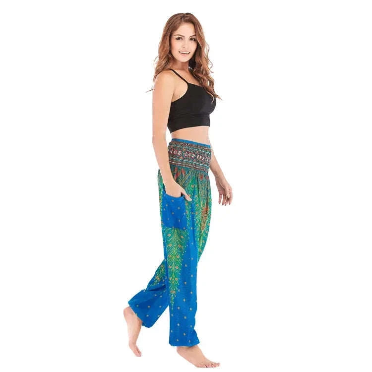 Women's Boho Yoga Pants - High Waist Floral Print Harem Leggings with Pockets for Comfort and Style