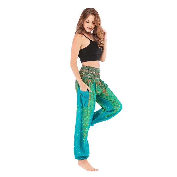 Women's Boho Yoga Pants - High Waist Floral Print Harem Leggings with Pockets for Comfort and Style