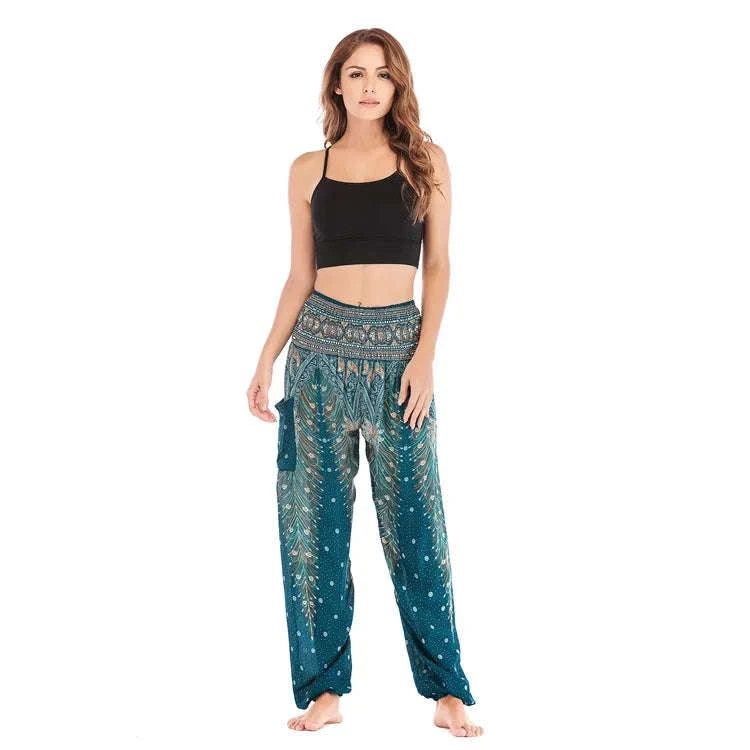 Women's Boho Yoga Pants - High Waist Floral Print Harem Leggings with Pockets for Comfort and Style