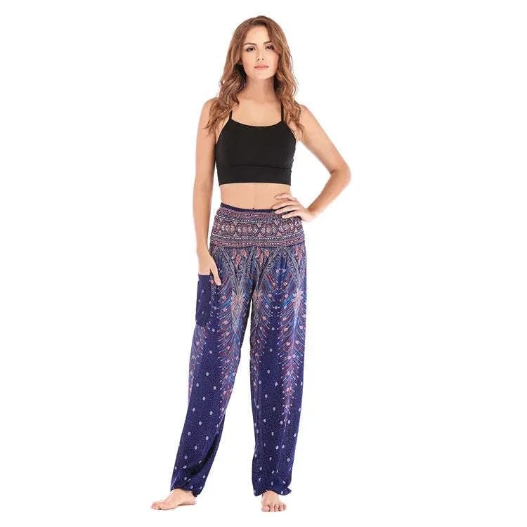 Women's Boho Yoga Pants - High Waist Floral Print Harem Leggings with Pockets for Comfort and Style