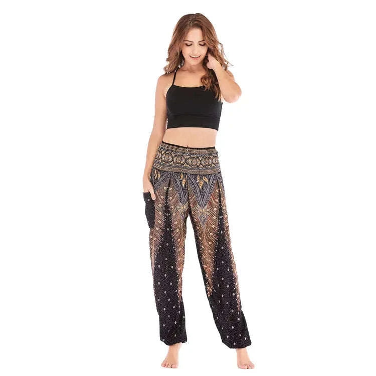 Women's Boho Yoga Pants - High Waist Floral Print Harem Leggings with Pockets for Comfort and Style