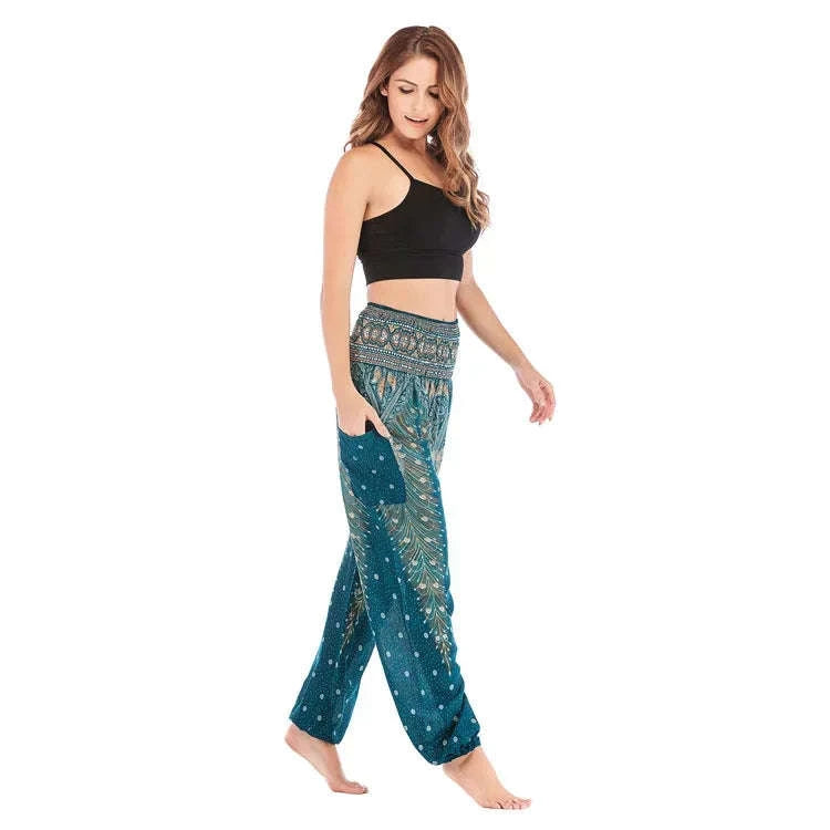 Women's Boho Yoga Pants - High Waist Floral Print Harem Leggings with Pockets for Comfort and Style
