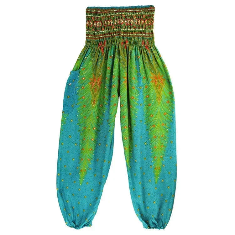 Women's Boho Yoga Pants - High Waist Floral Print Harem Leggings with Pockets for Comfort and Style