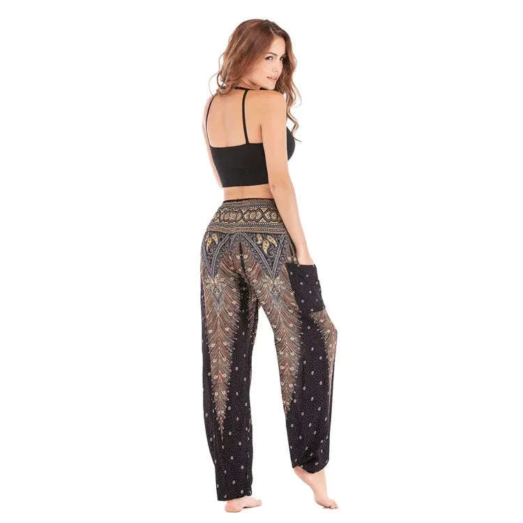 Women's Boho Yoga Pants - High Waist Floral Print Harem Leggings with Pockets for Comfort and Style