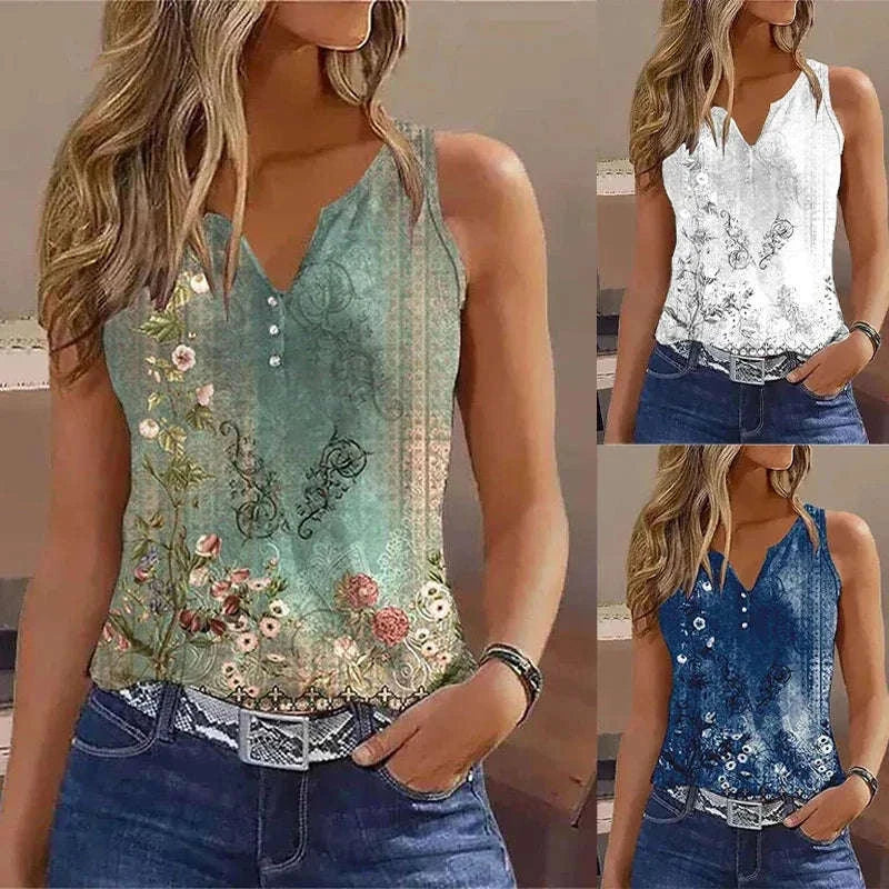 Women's Casual Vest T-Shirt with Suspenders - V-Neck Painted Grace Tank Top for Summer Fashion