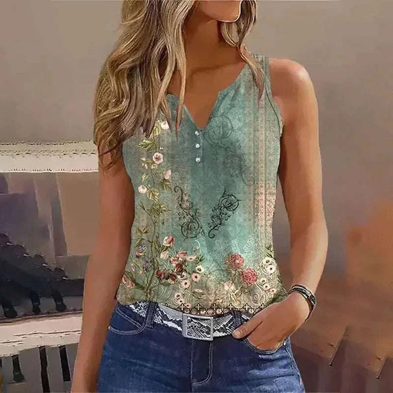 Women's Casual Vest T-Shirt with Suspenders - V-Neck Painted Grace Tank Top for Summer Fashion Green
