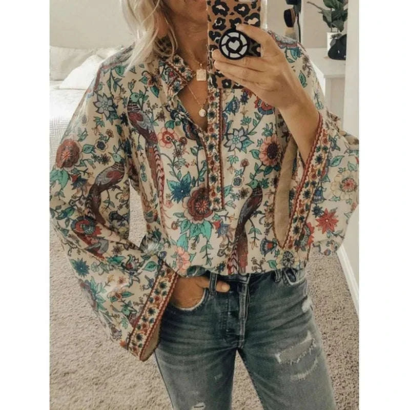 Women's Floral Print Blouse - New Summer Design, Loose Fit, Flared Long Sleeves, Model CKX9070 beigr