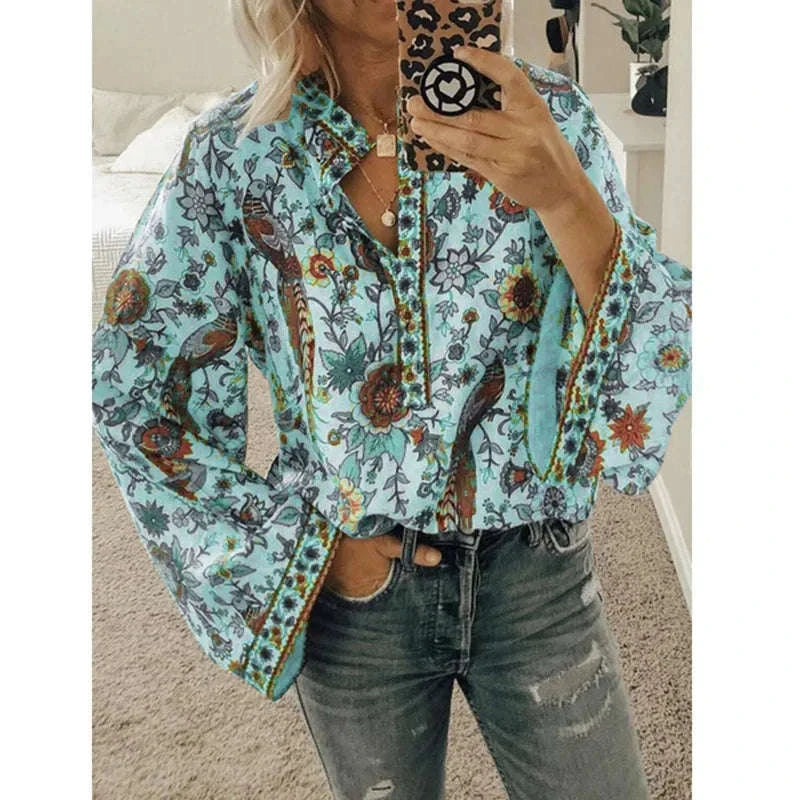 Women's Floral Print Blouse - New Summer Design, Loose Fit, Flared Long Sleeves, Model CKX9070 green