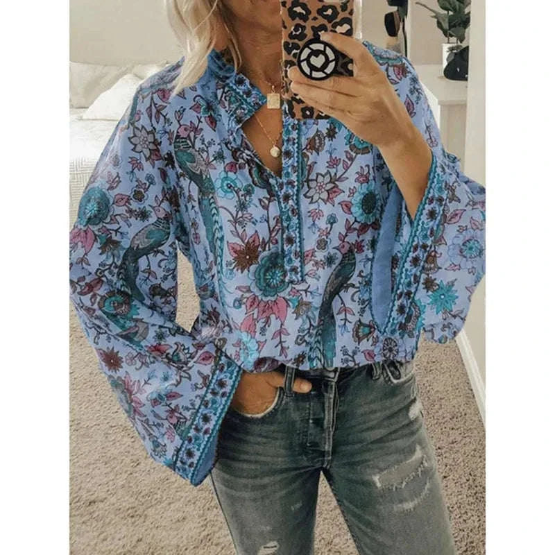 Women's Floral Print Blouse - New Summer Design, Loose Fit, Flared Long Sleeves, Model CKX9070 blue