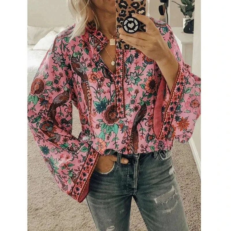 Women's Floral Print Blouse - New Summer Design, Loose Fit, Flared Long Sleeves, Model CKX9070 anfen