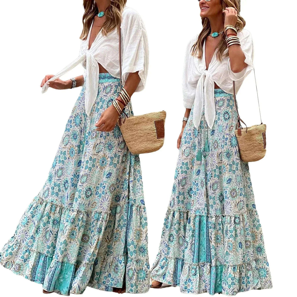 👗 Women’s Flowy Boho Skirt – Printed Ruffled Hem, Summer Casual Long Skirt for Beach, Vacation, Club, and Streetwear Aesthetic A