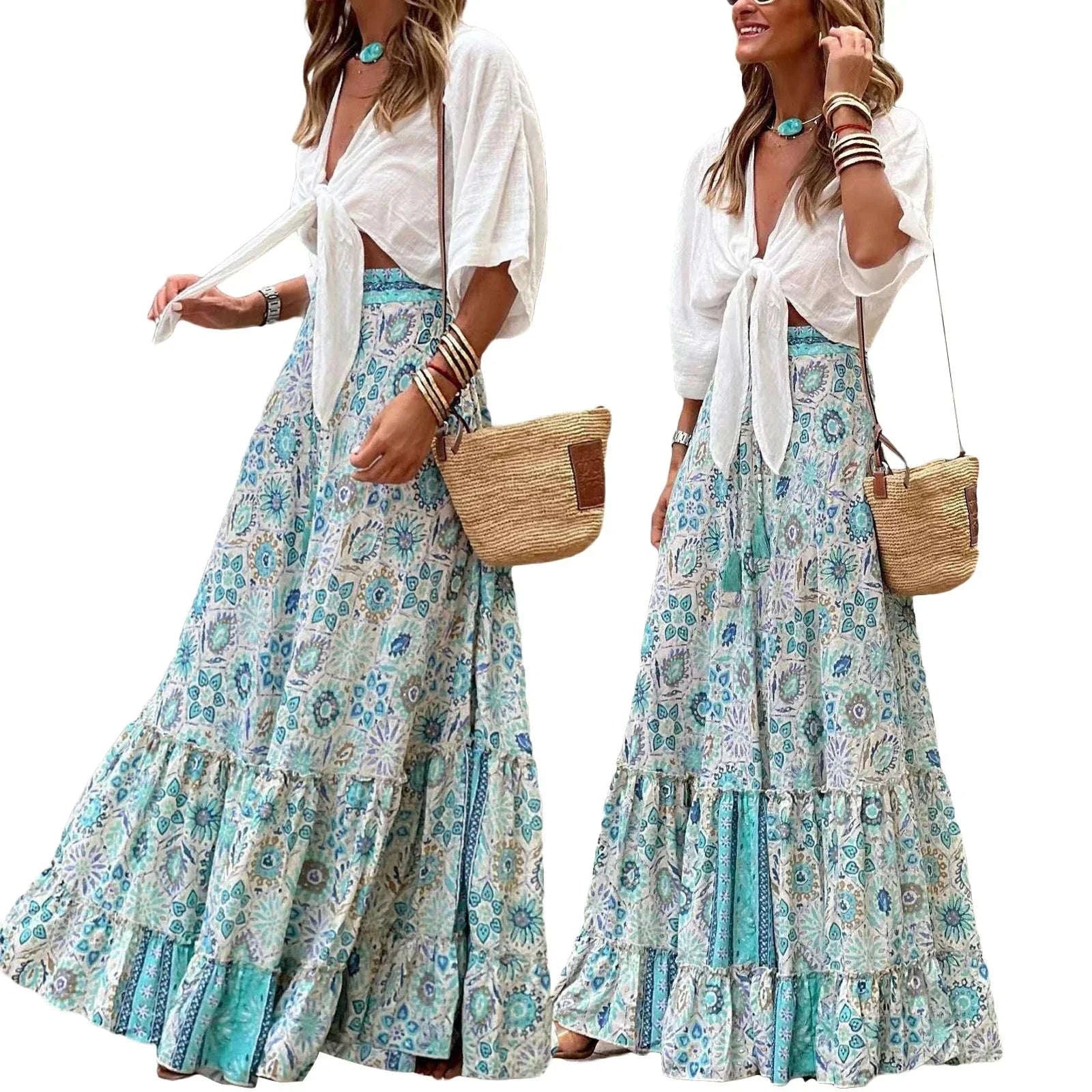 👗 Women’s Flowy Boho Skirt – Printed Ruffled Hem, Summer Casual Long Skirt for Beach, Vacation, Club, and Streetwear Aesthetic A