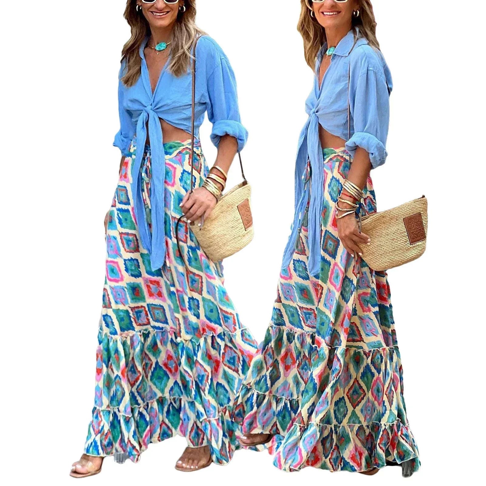 👗 Women’s Flowy Boho Skirt – Printed Ruffled Hem, Summer Casual Long Skirt for Beach, Vacation, Club, and Streetwear Aesthetic C