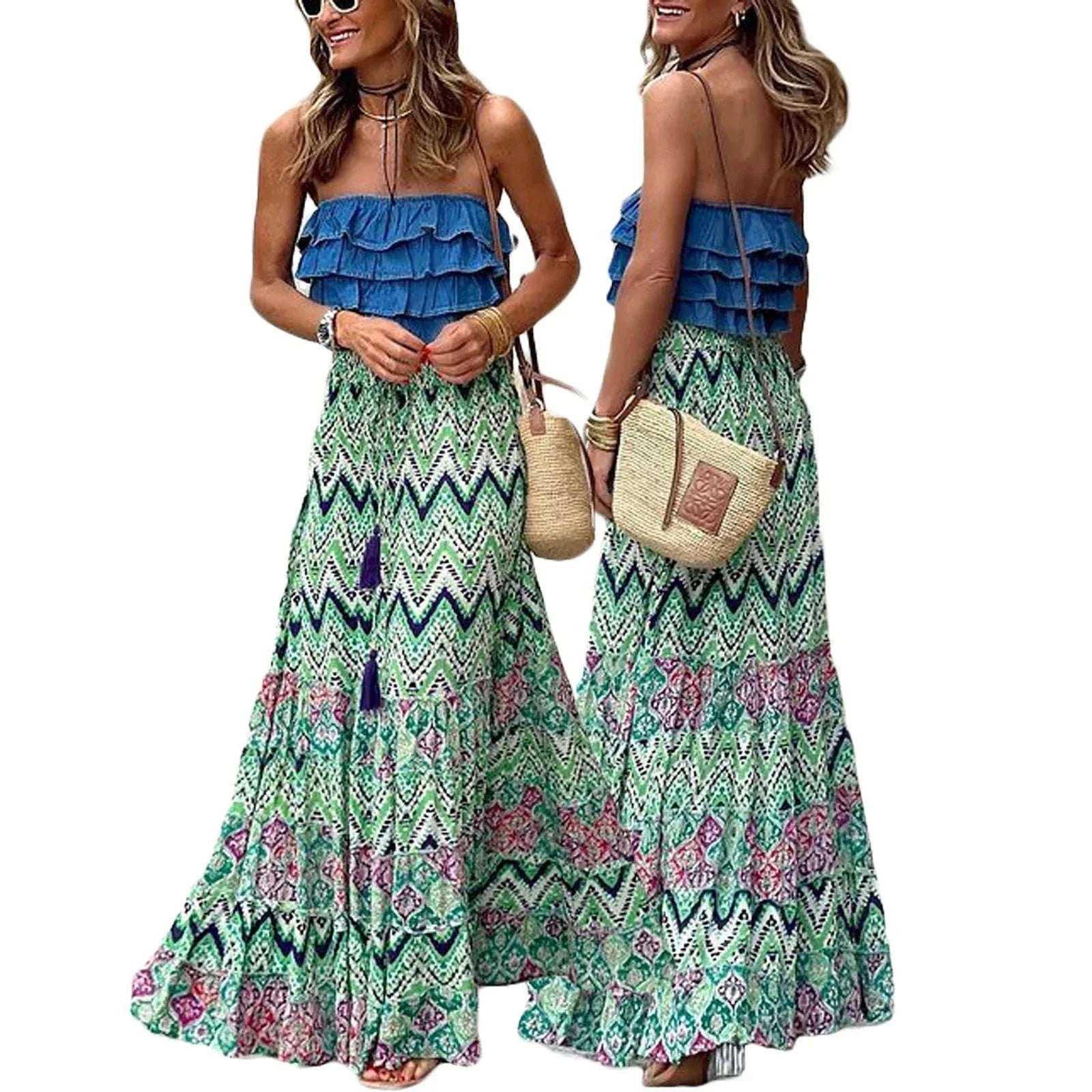 👗 Women’s Flowy Boho Skirt – Printed Ruffled Hem, Summer Casual Long Skirt for Beach, Vacation, Club, and Streetwear Aesthetic B