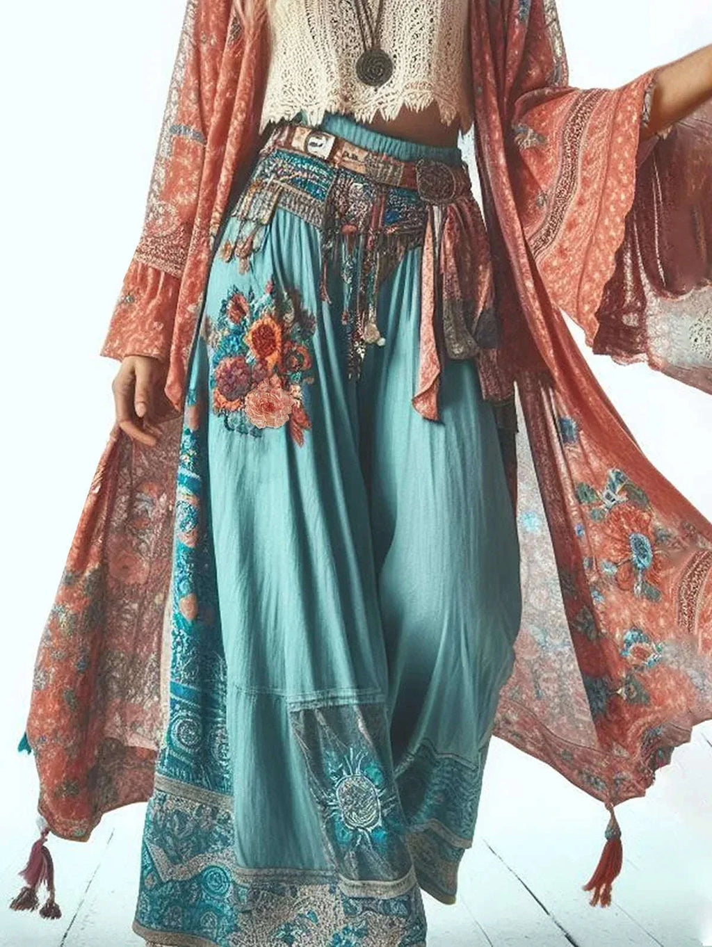 Women’s Harajuku Casual Pants - Floral Print Wide Leg Ankle Length Trousers with Elastic Waist