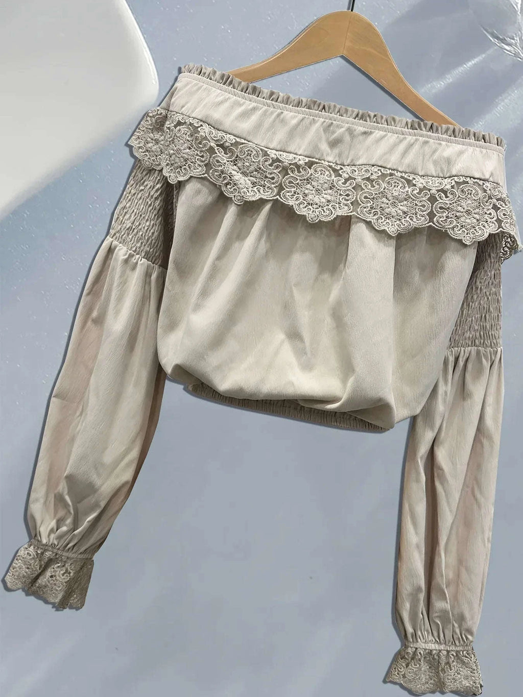 Women's Retro Elegant Blouse - Off Shoulder Long Sleeve with Lace Flowers and Lantern Sleeve Details