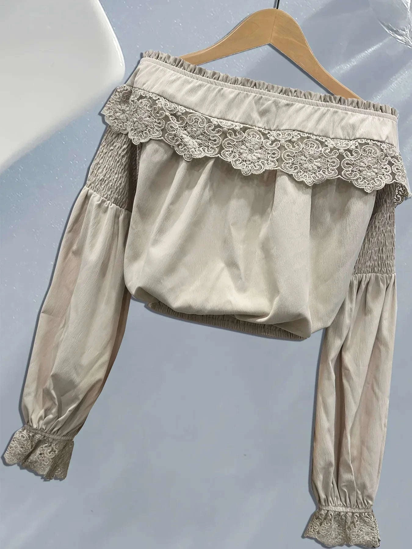 Women's Retro Elegant Blouse - Off Shoulder Long Sleeve with Lace Flowers and Lantern Sleeve Details