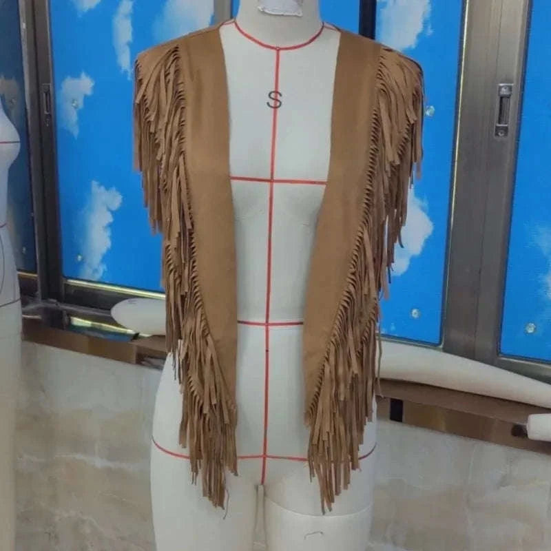 Women’s Tassel Vest - Y2K Boho Fringe Sleeveless Jacket with Suede Collar and Open Front